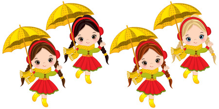 Vector cute little girls with umbrellas. Vector little girls with various hair colors. Autumn girls vector illustrationのイラスト素材