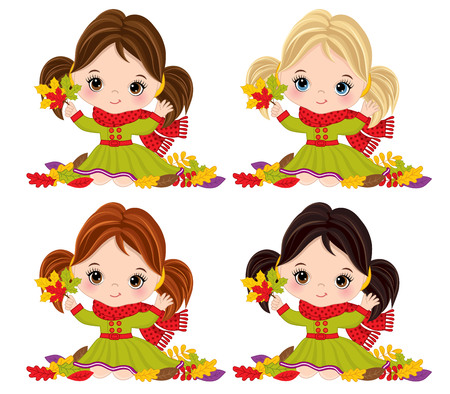 Vector cute little girls with autumn leaves. Vector little girl with various hair colors. Autumn girls vector illustrationのイラスト素材