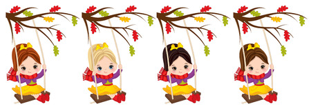 Vector cute little girls swinging on swings. Vector little girls with various hair colors. Autumn girls vector illustrationのイラスト素材