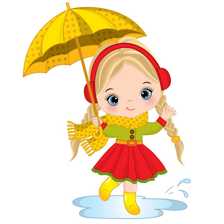 Vector cute little girl holding umbrella. Vector little girl wearing rain coat, scarf and rubber boots. Autumn girl vector illustrationのイラスト素材
