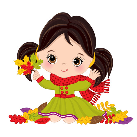 Vector cute little girl with autumn leaves. Vector little girl wearing rain coat and scarf. Autumn girl vector illustrationのイラスト素材
