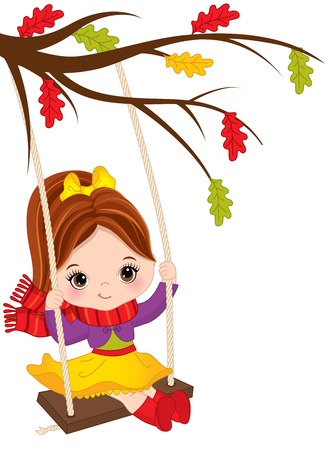 Vector cute little girl swinging on swing. Vector little girl sitting on swing. Autumn girl vector illustrationのイラスト素材