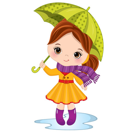 Vector cute little girl holding umbrella. Vector little girl wearing rain coat, scarf and rubber boots. Autumn girl vector illustrationのイラスト素材