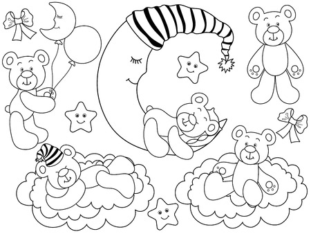 Vector black and white set with cute baby bears, moon, clouds, stars and balloons. Vector baby shower. Baby bears vector illustrationのイラスト素材