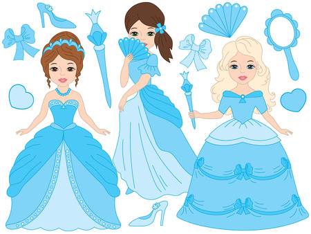 Vector beautiful princesses in turquoise dresses. Princess vector illustrationのイラスト素材
