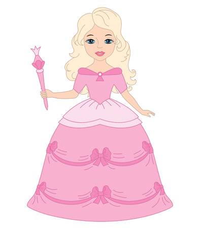 Vector beautiful princess in pink dress holding a magic wand. Princess vector illustrationのイラスト素材