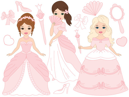 Vector beautiful princesses in pink pastel dresses. Princess vector illustrationのイラスト素材