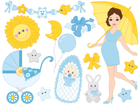 Vector set for baby boy shower. Set includes beautiful pregnant woman, baby boy, stroller, stork. bunny, cartoon sun and toys. Vector baby boy shower. Baby boy vector illustrationのイラスト素材