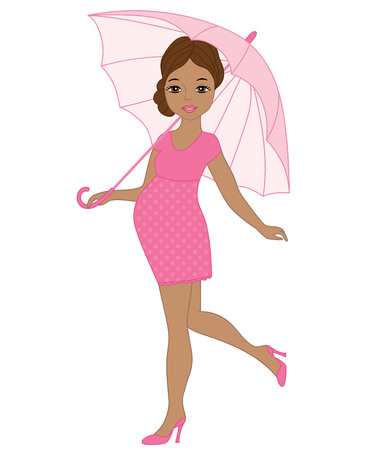 Vector beautiful pregnant African American woman in pink dress holding umbrella. Vector baby girl shower. Pregnant African American woman vector illustrationのイラスト素材