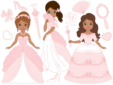 Vector beautiful African American princesses in pink pastel dresses. Princess vector illustrationのイラスト素材