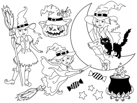 Black and white witches set with broomsticks, spider, bats, moon and pumpkinのイラスト素材