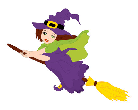 Flying witch with broomstick in purple clothing in cartoon illustration.のイラスト素材