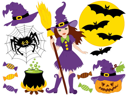 Witch with broomstick, spider, bats, moon, sweets and pumpkin in cartoon illustrationのイラスト素材