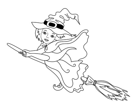 Vector black and white beautiful witch flying on the broomstick. Vector Halloween witch. Halloween vector illustration.のイラスト素材