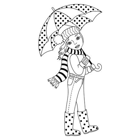Vector black and white beautiful young girl holding umbrella. Vector autumn girl. Autumn girl vector illustrationのイラスト素材