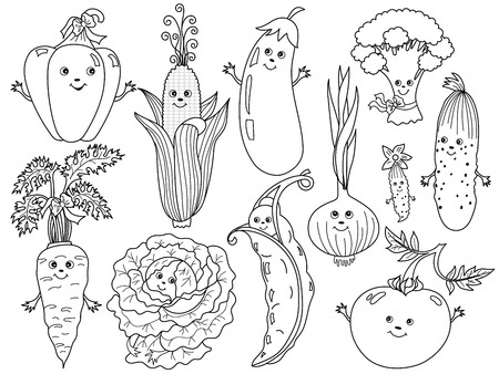 Vector black and white cartoon vegetables with smiley face. Set includes carrot, cabbage, tomato, onion, cucumber, carrot and cabbage. Vector vegetables emoticon. Funny vegetables vector illustrationのイラスト素材