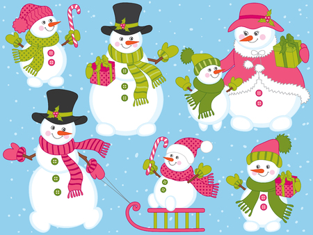 Vector Christmas and New Year set with cute snowmen. Vector snowman family.  Snowman with candy sticks, sledge and presents. Snowmen vector illustrationのイラスト素材