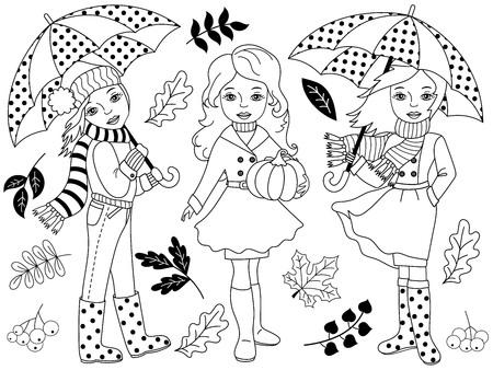 Vector black and white autumn set includes beautiful, young girls, umbrellas, pumpkin and autumn leaves. Vector autumn girls. Autumn girls vector illustrationのイラスト素材