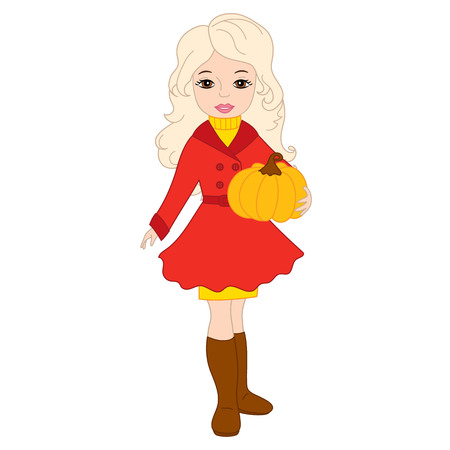 Vector beautiful young girl holding a pumpkin. Vector autumn girl. Autumn girl vector illustrationのイラスト素材