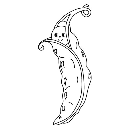 Vector black and white cute cartoon pea with smiley face. Vector vegetable emoticon. Cartoon peas vector illustrationのイラスト素材
