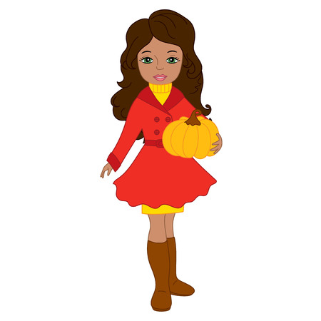 Vector beautiful young African American girl holding a pumpkin. Vector autumn girl. Autumn girl vector illustrationのイラスト素材