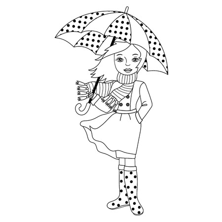 Vector black and white girl holding umbrella. Vector autumn girl. Autumn girl vector illustrationのイラスト素材