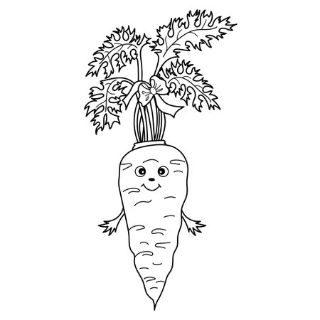 Vector black and white cute cartoon carrot with smiley face. Vector vegetable emoticon. Cartoon carrot vector illustrationのイラスト素材