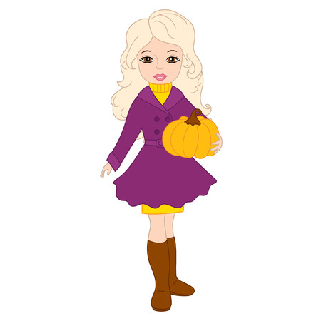 Vector beautiful young girl holding a pumpkin. Vector autumn girl. Autumn girl vector illustrationのイラスト素材