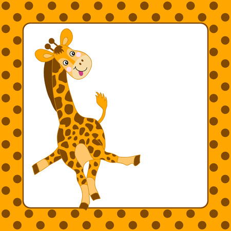 Card template with cute baby giraffe on polka dot background. Card template for baby shower, birthday and party with space for your text. Card template vector illustrationのイラスト素材