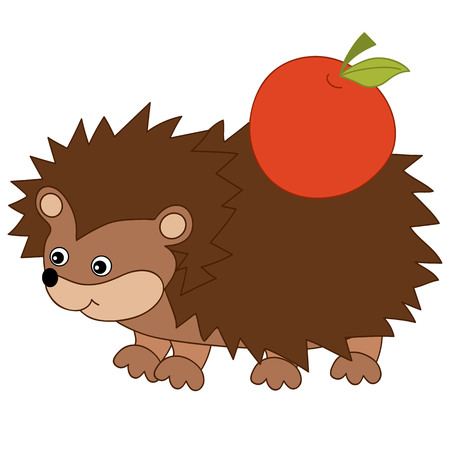 Vector cute cartoon hedgehog carrying red apple on spines. Vector hedgehog. Hedgehog vector illustrationのイラスト素材