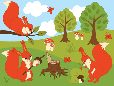 Vector set of cute cartoon squirrels, trees, mushrooms, butterflies, sky and clouds. Vector squirrel. Squirrels vector illustrationのイラスト素材