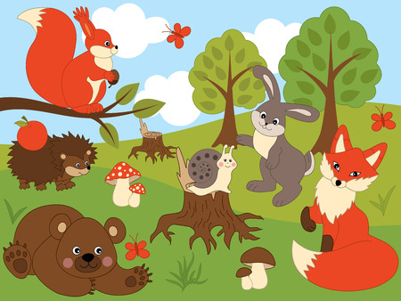 Vector set of cute wild forest animals. Set includes fox, rabbit, bear, hedgehog, snail and squirrel. Forest animals vector illustrationのイラスト素材