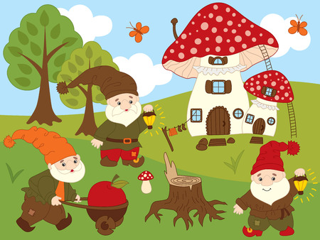 Vector set of cute cartoon forest gnomes, amanita house, trees, sky, clouds and butterflies . Vector gnome. Forest gnomes vector illustrationのイラスト素材