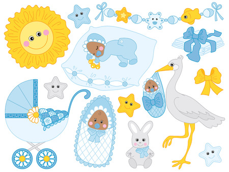 Vector set for baby boy shower. Set includes cute African American baby boy, stroller, stork,  sun, diapers  and toys.. Vector baby boy shower. African American baby boy Vector illustrationのイラスト素材