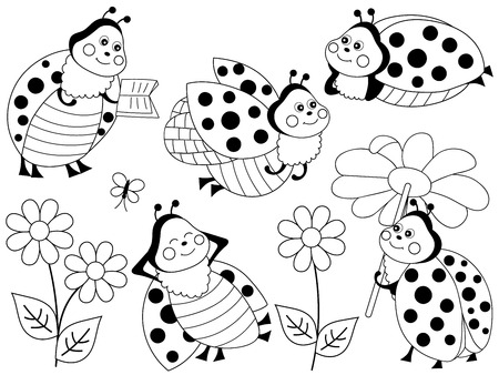 A vector set of black and white cute cartoon ladybugs, flowers and butterflies.のイラスト素材