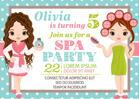 Vector card template with cute little girls taking treatment in spa. Card template for birthday party on polka dot background. Vector little girls. Birthday card template. Vector illustrationのイラスト素材