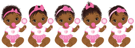 Vector cute African American baby girls with rattles sitting. Vector African American baby girls with various hairstyles. Vector baby girl. African American baby girls vector illustrationのイラスト素材