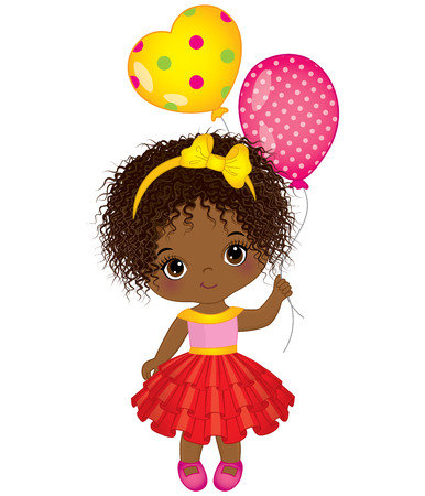Vector cute little African American girl with balloons. Vector little girl. Little African American girl with balloons vector illustrationのイラスト素材