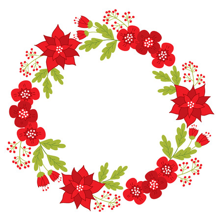 Vector Christmas wreath with red poinsettia, red berries, flowers and leaves. Vector Christmas wreath. Christmas floral wreath vector illustrationのイラスト素材