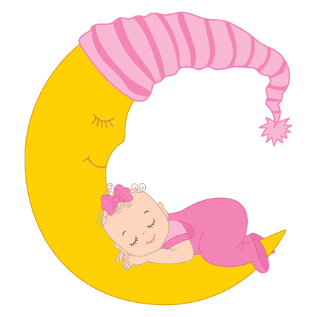 Vector cute baby girl sleeping on the moon. Vector baby girl. Baby girl vector illustrationのイラスト素材