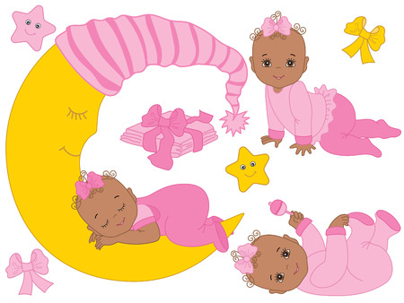 Vector set with cute African American baby girls, moon, bows, stars and diapers. Vector baby girl shower. Vector baby girl. African American baby girls vector illustrationのイラスト素材