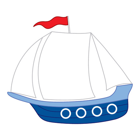 Vector boat with red flag and white sails. Vector ship. Ship vector illustrationのイラスト素材