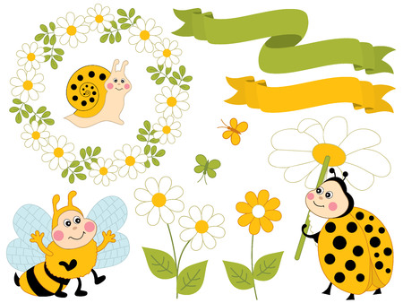 Vector summer set with cute cartoon insects. Set includes ladybug, snail, bee, butterflies, floral wreath, ribbons amanita and flowers. Summer set vector illustrationのイラスト素材