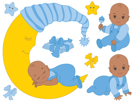 Vector set with cute African American baby boys, moon, bows, stars and diapers. Vector baby boy shower. African American baby boy vector illustrationのイラスト素材