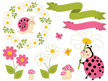 Vector summer set with cute cartoon insects. Set includes ladybug, snail, bee, butterflies, floral wreath, ribbons amanita and flowers. Summer set vector illustrationのイラスト素材
