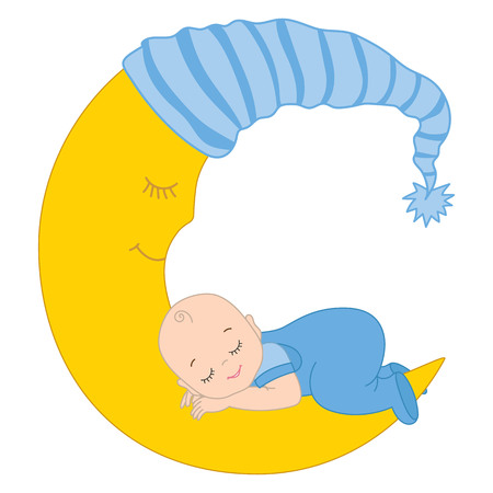 Vector cute baby boy sleeping on the moon. Vector baby boy. Baby boy vector illustrationのイラスト素材