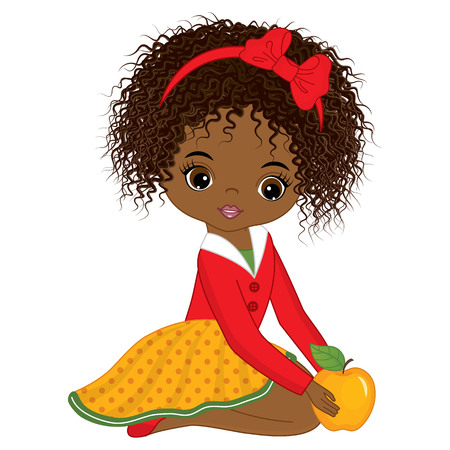 Vector cute little African American girl with yellow apple. Vector little girl with apple. Vector little girl. Little African American girl with apple vector illustrationのイラスト素材