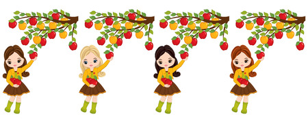Vector cute little girls picking apples from trees. Vector little girls with various hair colors. Little girls with apples vector illustrationのイラスト素材
