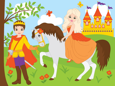 set with prince and beautiful princess, horse and castle.のイラスト素材