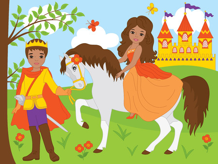 Vector set with African American prince and beautiful princess, horse and castle. Vector princess sitting on the horse. African American prince and princess.のイラスト素材